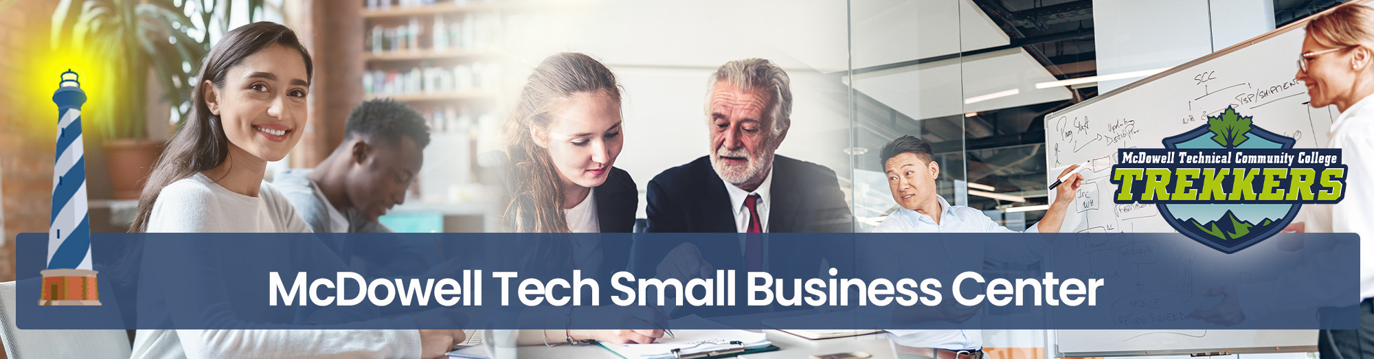 Main header of the Small Business Center, depicting various business people interacting with each other, also included is a lighthouse graphic to the left, and the Trekkers logo to the right.