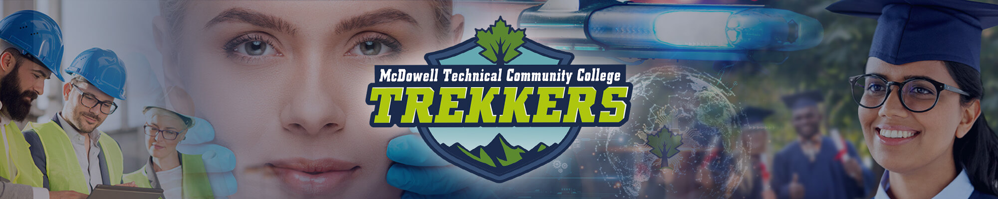 header depicting various aspects of teh courses the college offers, witht he trekker logo in the middle