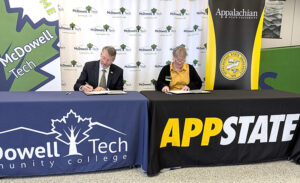 Dr. J.W. Kelley, MTCC President and Dr. Neva Specht, Acting Provost at App State University sign Appalachian Aspire agreement